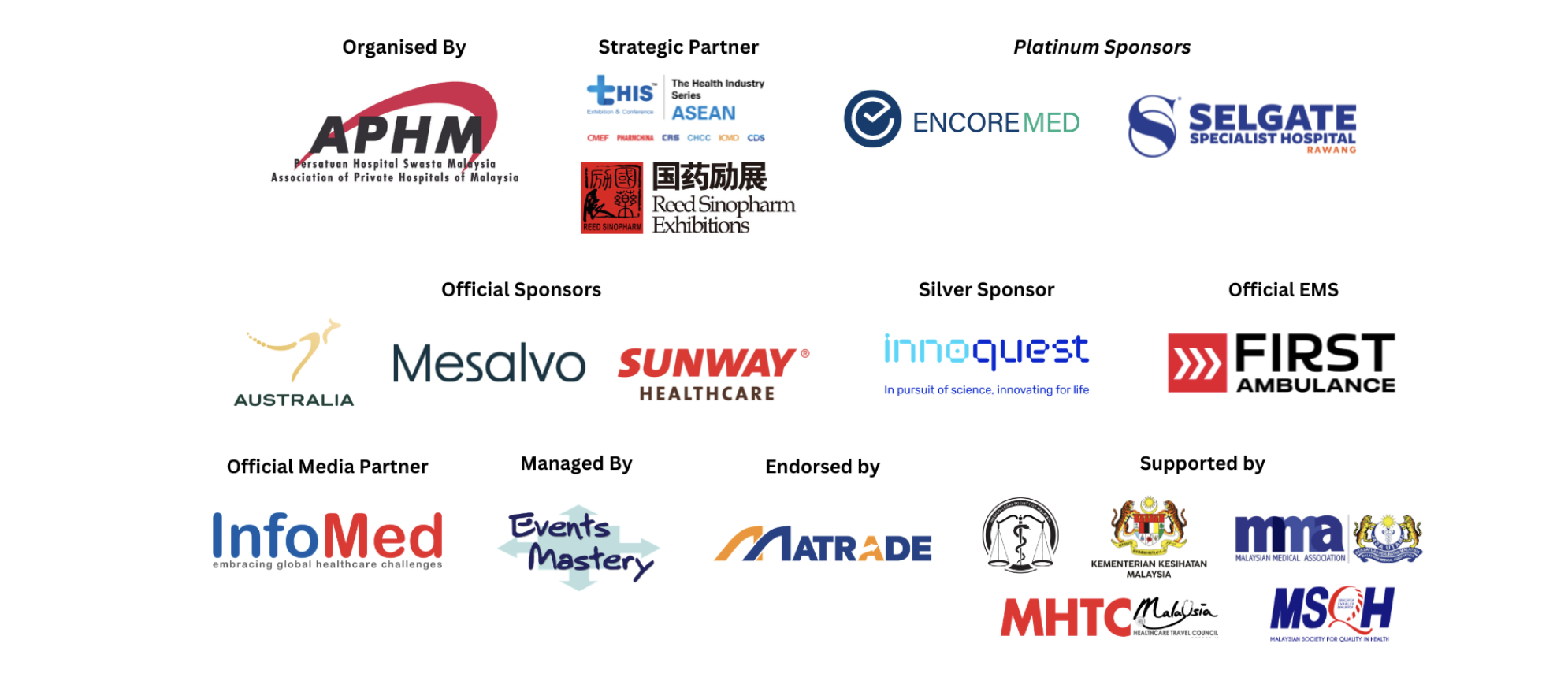 Organised by APHM · Strategic Partner Reed Sinopharm Exhibitions · Endorsed by MATRADE · Managed by Events Mastery · Supported by Ministry of Health Malaysia, MMA, MSQH, Medical Device Authority Malaysia, MIDA, MHTC Malaysia and partners